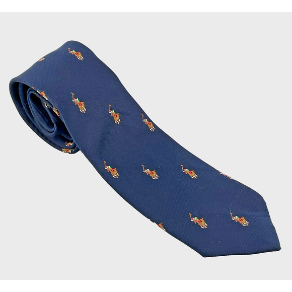 VTG Puritan Cape Cod Polo Player Necktie Navy Horses Preppy Heritage Embroidered - Picture 1 of 4